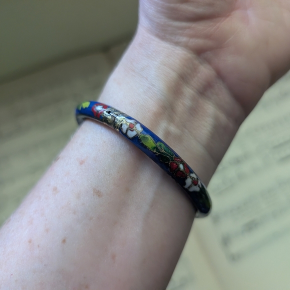 Floral Blue Bangle Cloisonne Bracelet - Picture 3 of 12